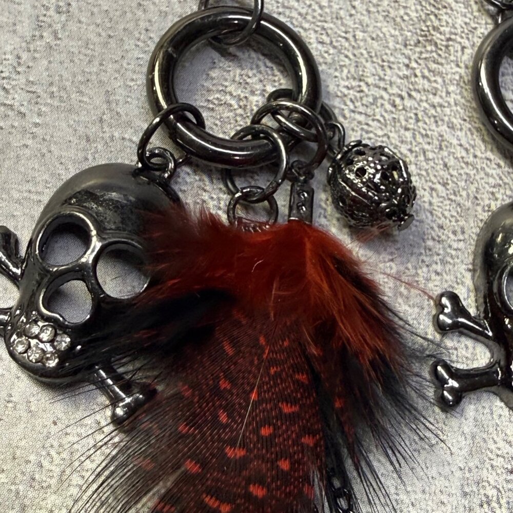 Gothic Skull Dangle Earrings Chain Red Feathers Crystal Accent Boho Punk Jewelry - Picture 5 of 16